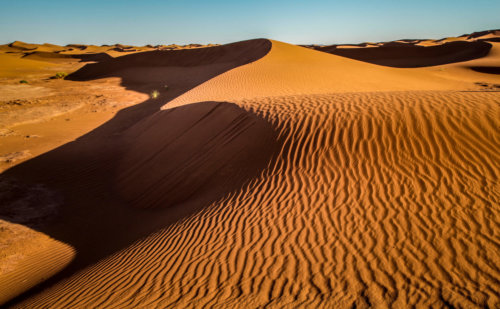 Dar Ahlam tent camp Sahara desert dunes at sunset