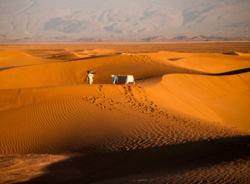 Dar Ahlam tent camp porters over dunes